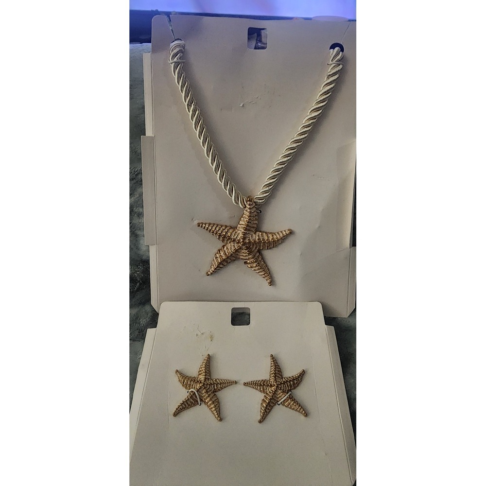 Zara Starfish Jewelry Set Gold Tone White Rope Necklace Clip On Earrings